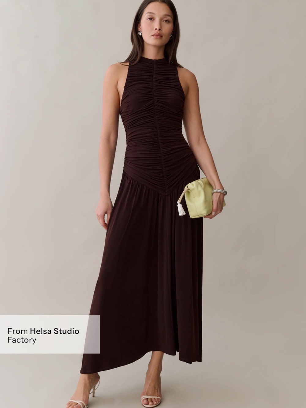 Few Moda Brown Ruched High Neck Maxi Dress XS NWT